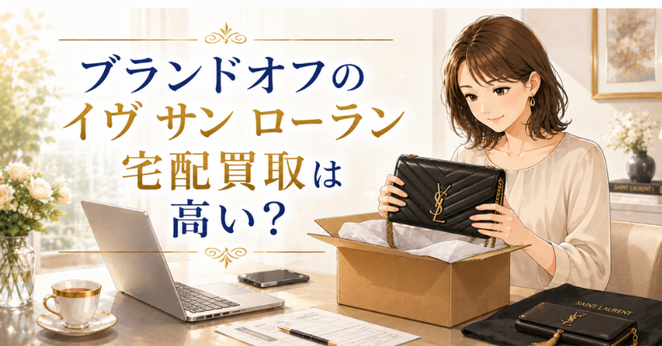 ブランドオフのイヴ サン ローラン宅配買取は高いのかを解説する記事のアイキャッチ画像。女性がイヴ サン ローランのバッグを箱に入れて宅配買取の準備をしているイラスト。