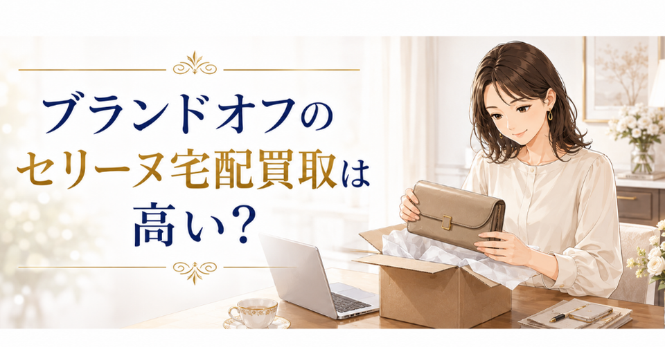 ブランドオフのセリーヌ宅配買取について、女性がバッグを確認しているアイキャッチ画像