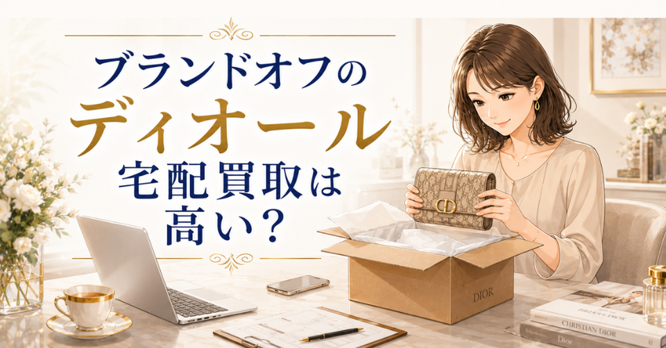 ブランドオフのディオール宅配買取は高いのかを解説する記事のアイキャッチ画像。女性がディオールの財布を箱に入れて宅配買取の準備をしているイラスト。