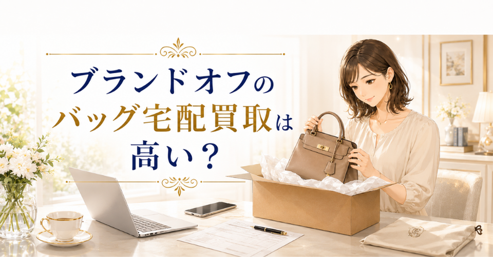 ブランドオフのバッグ宅配買取でブランドバッグを発送準備する女性のイラスト
