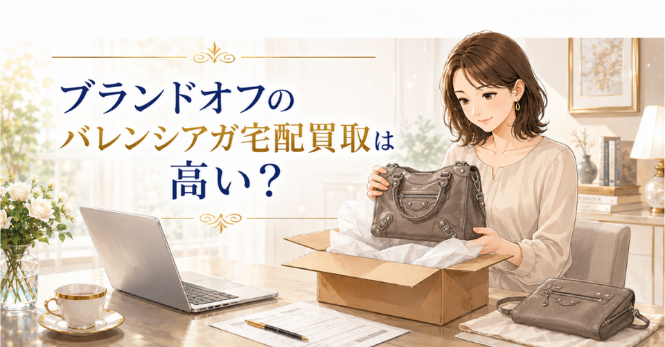 ブランドオフのバレンシアガ宅配買取について、女性がバッグを確認しているアイキャッチ画像