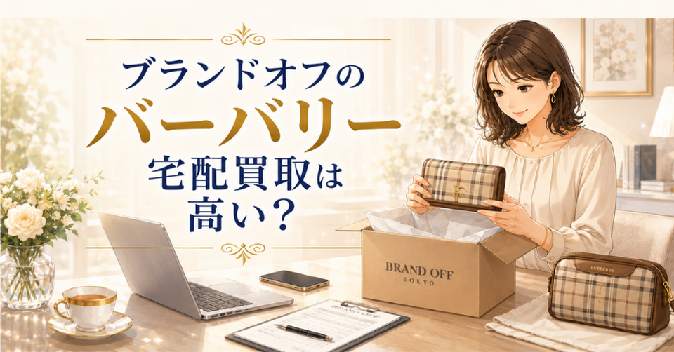 ブランドオフのバーバリー宅配買取は高いのかを解説する記事のアイキャッチ画像。女性がバーバリーの財布を箱に入れて宅配買取の準備をしているイラスト。