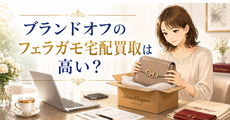 ブランドオフのフェラガモ宅配買取は高いのかを解説する記事のアイキャッチ画像。女性がフェラガモのバッグを箱に入れて宅配買取の準備をしているイラスト。