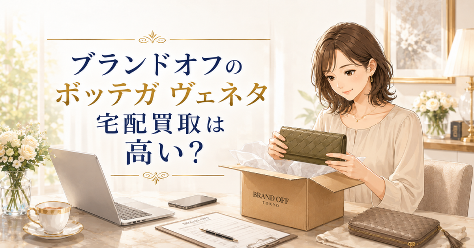 ブランドオフのボッテガ ヴェネタ宅配買取は高いのかを解説する記事のアイキャッチ画像。女性がボッテガ ヴェネタ風の財布を箱に入れて宅配買取の準備をしているイラスト。