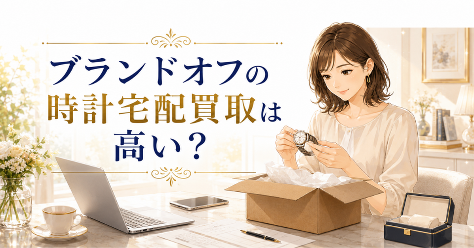 ブランドオフの時計宅配買取を利用する前に高級腕時計を確認する女性のイラスト
