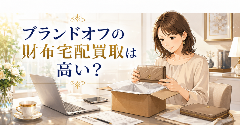 ブランドオフの財布宅配買取を検討しながらブランド財布を査定用に梱包する女性のイラスト