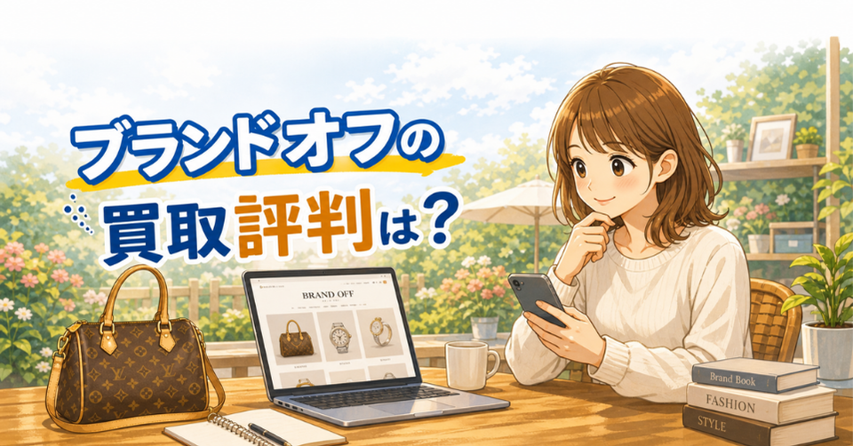 ブランドオフの買取評判をスマホで調べる女性とブランド品の査定イメージ
