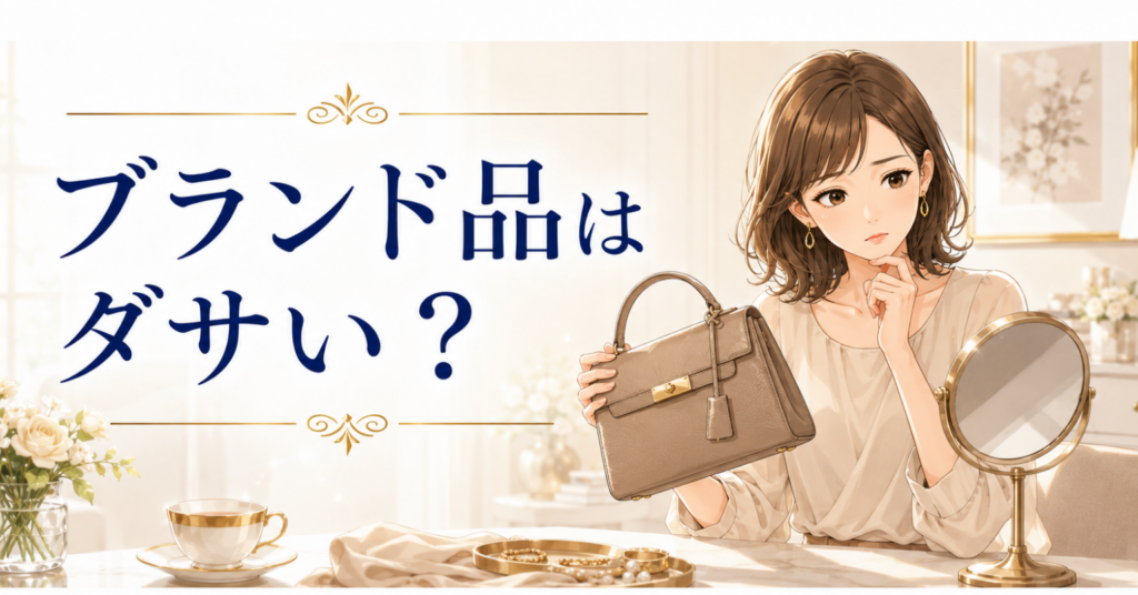 ブランド品のバッグを持ちながら、ダサいかどうか鏡の前で悩む女性のアイキャッチ画像