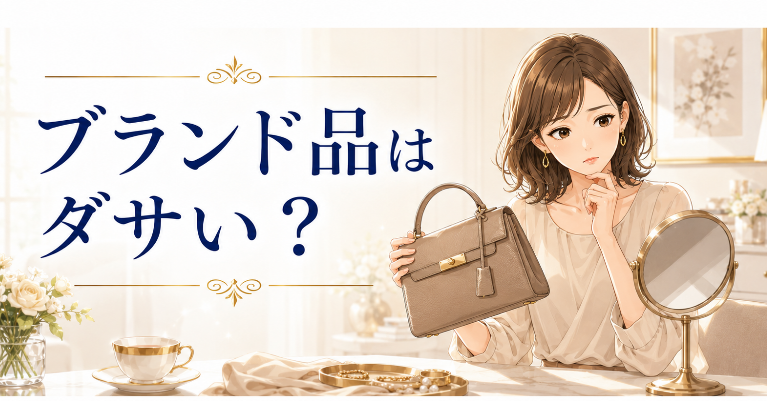 ブランド品のバッグを持ちながら、ダサいかどうか鏡の前で悩む女性のアイキャッチ画像