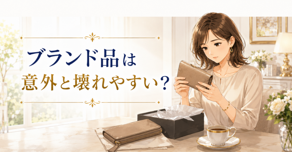 ブランド品の財布を手に取り、傷みや壊れやすさを確認している女性のアイキャッチ画像