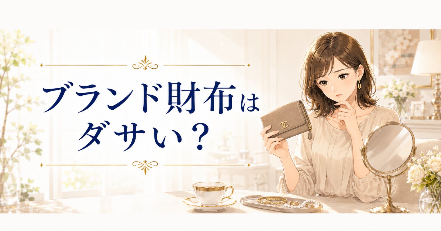 ブランド財布がダサいかどうか、鏡の前で財布を確認しながら悩む女性のイラスト