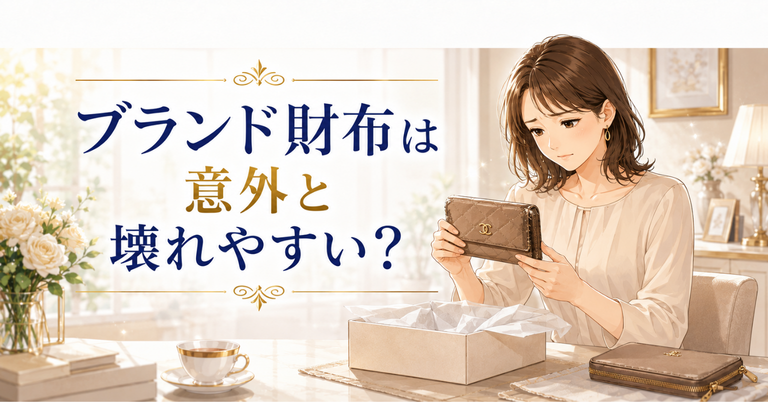 ブランド財布が壊れやすいか、傷みや劣化を確認している女性のイラスト