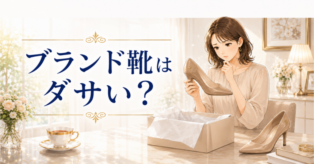 ブランド靴がダサいかどうか、コーデに合うかを考えながら靴を確認する女性のイラスト