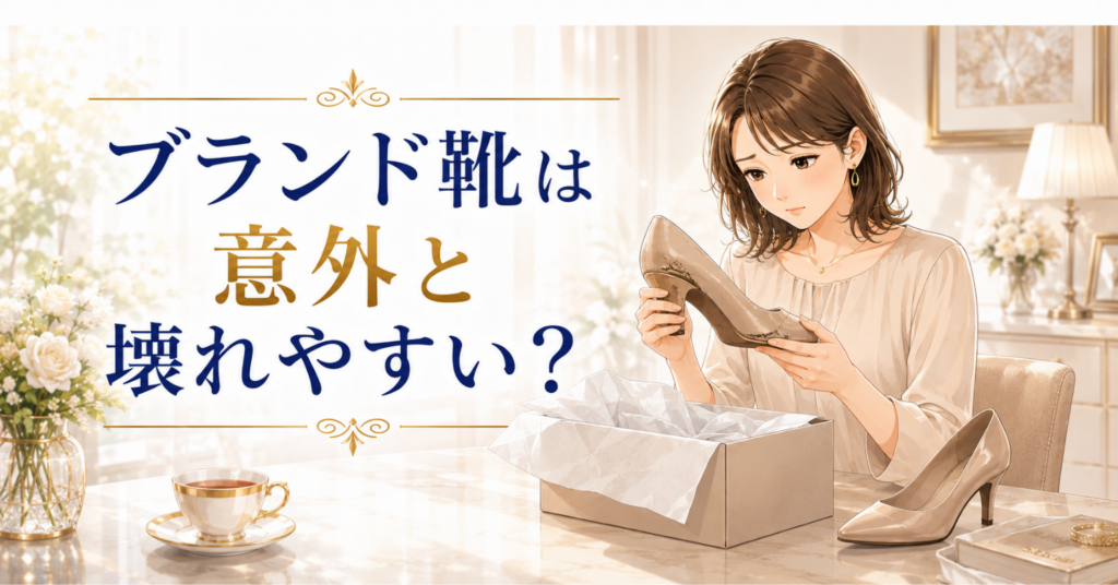 ブランド靴が壊れやすいか、ヒールや革の傷みを確認している女性のイラスト