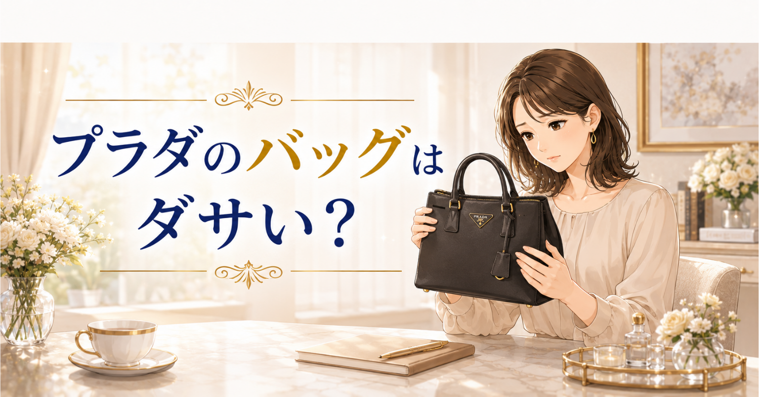 プラダ風の黒いバッグを手に取り、ダサいか悩む女性のアイキャッチ画像