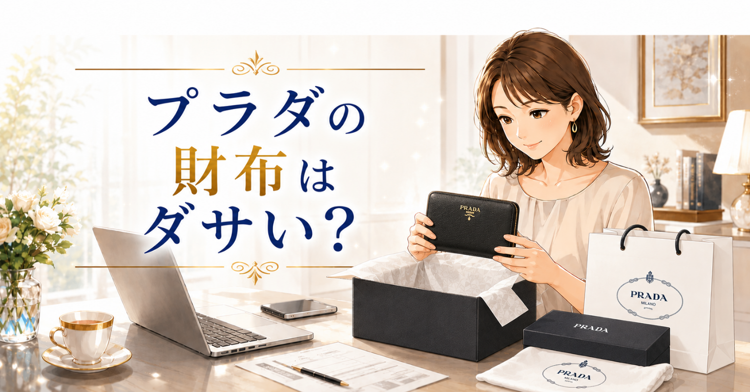 プラダの財布はダサいのか気にしながら、黒い財布を手に取る女性のイラスト