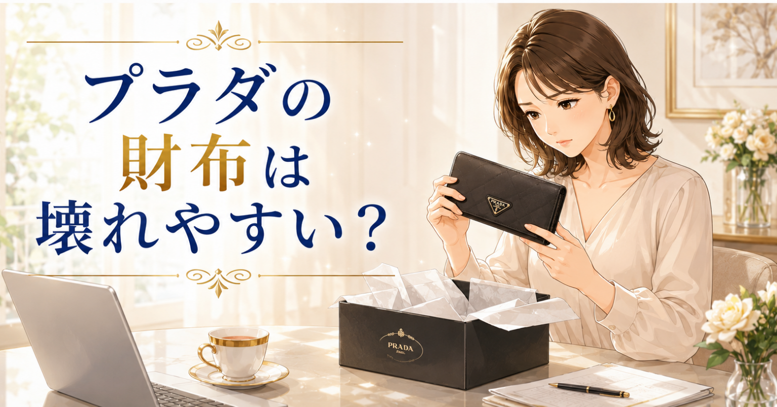 プラダの財布を手に取り、素材やロゴを確認する女性のアイキャッチ画像