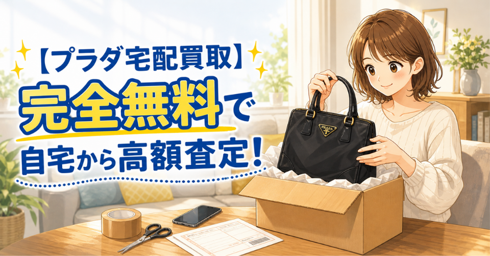 プラダのバッグを宅配買取で箱に詰めて自宅から高額査定に出す女性のイラスト