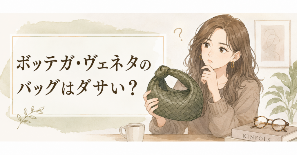 ボッテガ・ヴェネタ風の編み込みバッグを手に取り、ダサいか悩む女性のアイキャッチ画像