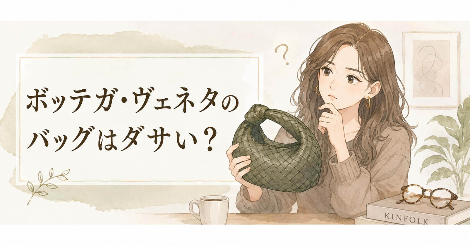 ボッテガ・ヴェネタ風の編み込みバッグを手に取り、ダサいか悩む女性のアイキャッチ画像