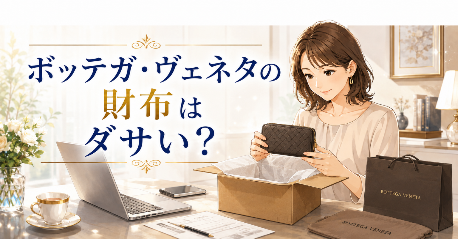 ボッテガ・ヴェネタの財布はダサいのか悩みながら、黒い編み込み財布を確認する女性のイラスト
