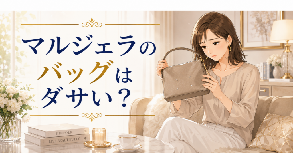 マルジェラ風のシンプルなバッグを手に取り、ダサいか考える女性のアイキャッチ画像