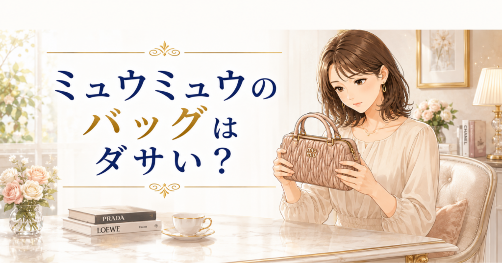 ミュウミュウ風のキルティングバッグを見ながら、ダサいか考える女性のアイキャッチ画像
