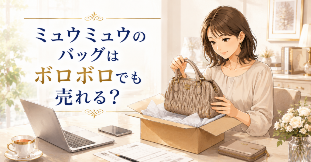 ボロボロのミュウミュウバッグを箱に入れて買取査定に出す女性のアイキャッチ画像