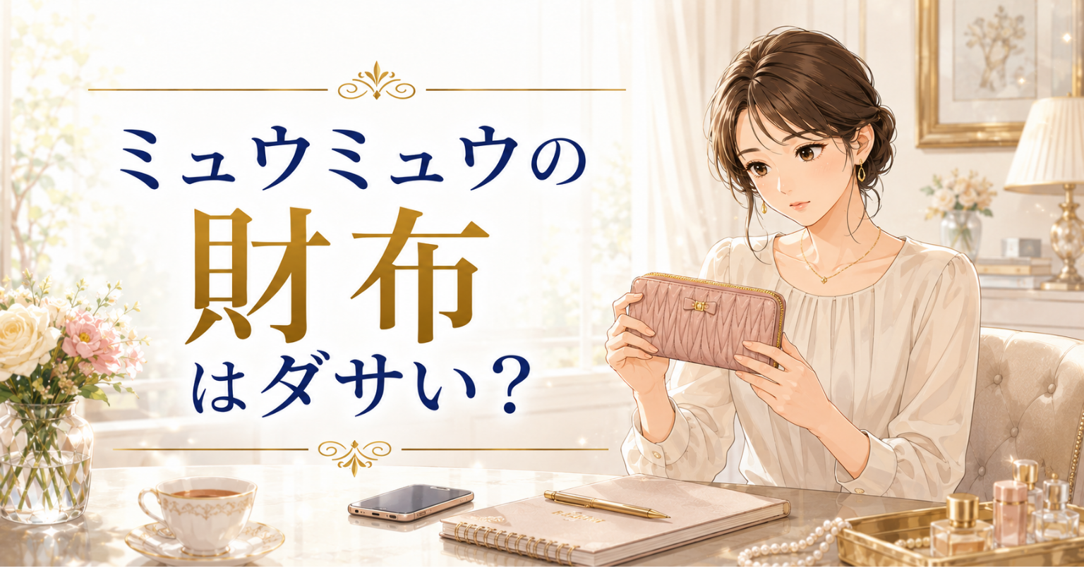 ミュウミュウの財布はダサいのか気にしながら、ピンクのキルティング財布を持つ女性のイラスト