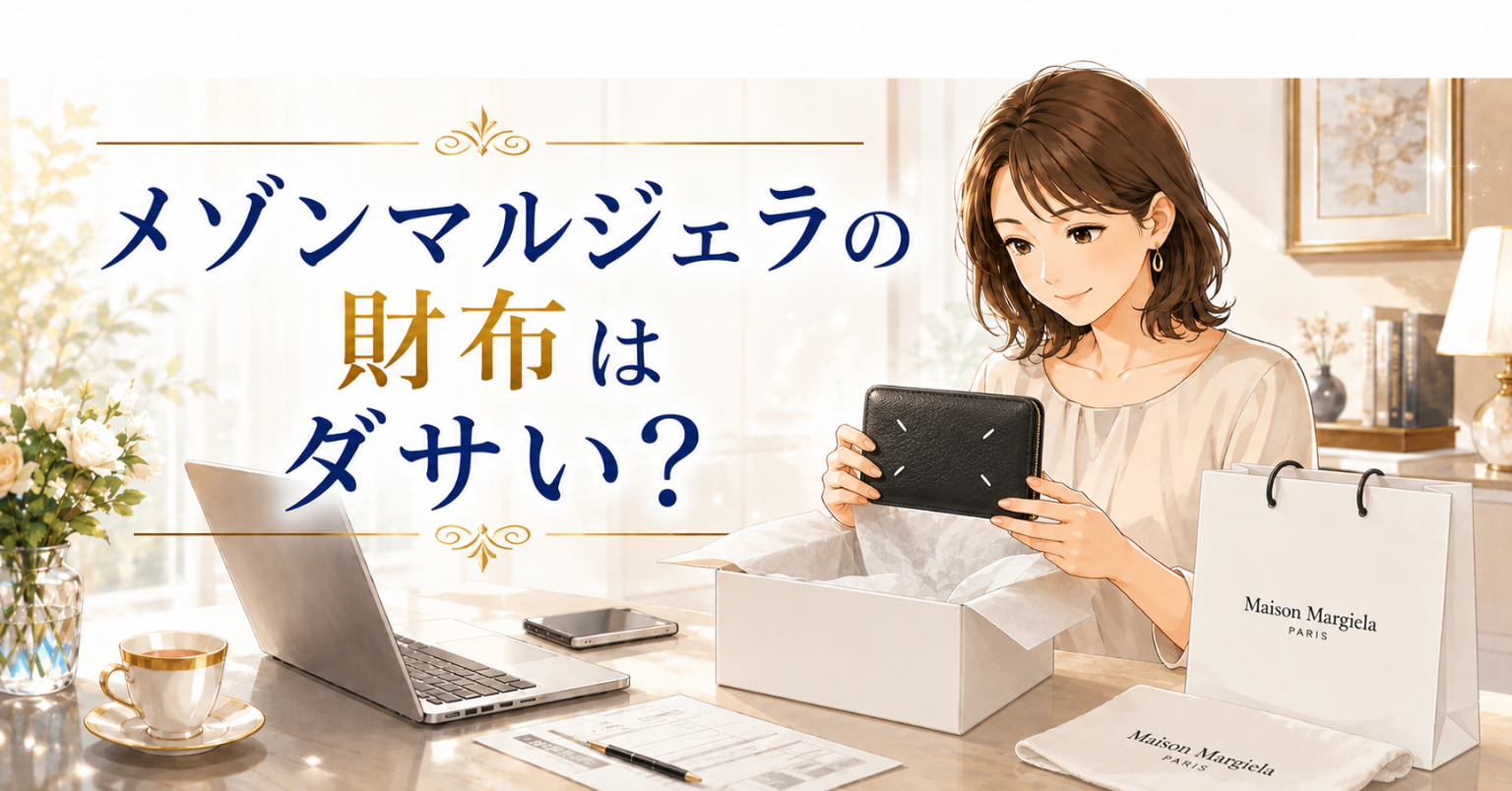 メゾンマルジェラの財布はダサいのか悩みながら、黒いレザー財布を確認する女性のイラスト