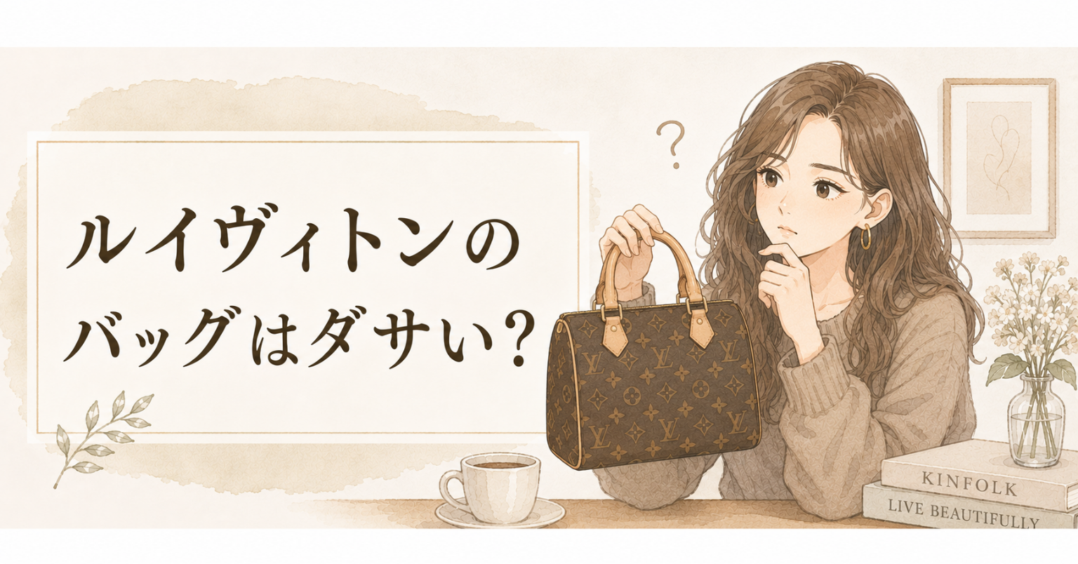 ルイヴィトン風のモノグラム柄バッグを持ち、ダサいか考える女性のアイキャッチ画像