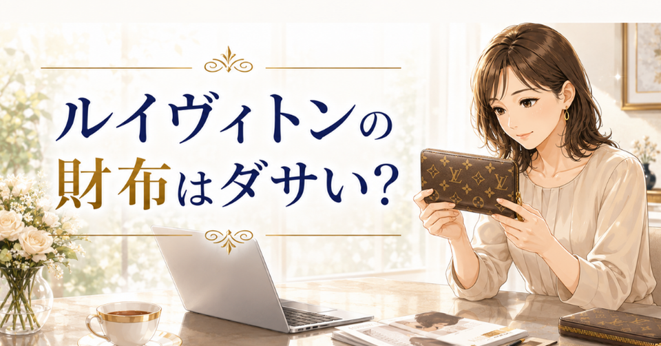 ルイヴィトンの財布はダサいのか、女性が財布を手に取ってデザインを確認しているアイキャッチ画像