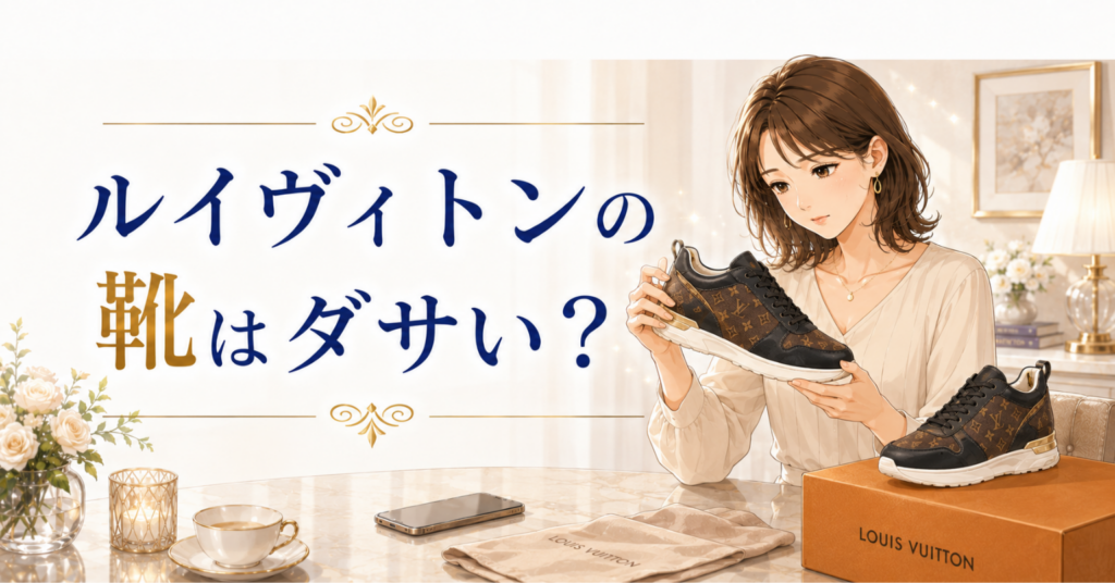 ルイヴィトンの靴はダサい？という文字と、モノグラム柄のスニーカーを見ながら悩む女性のアイキャッチ画像
