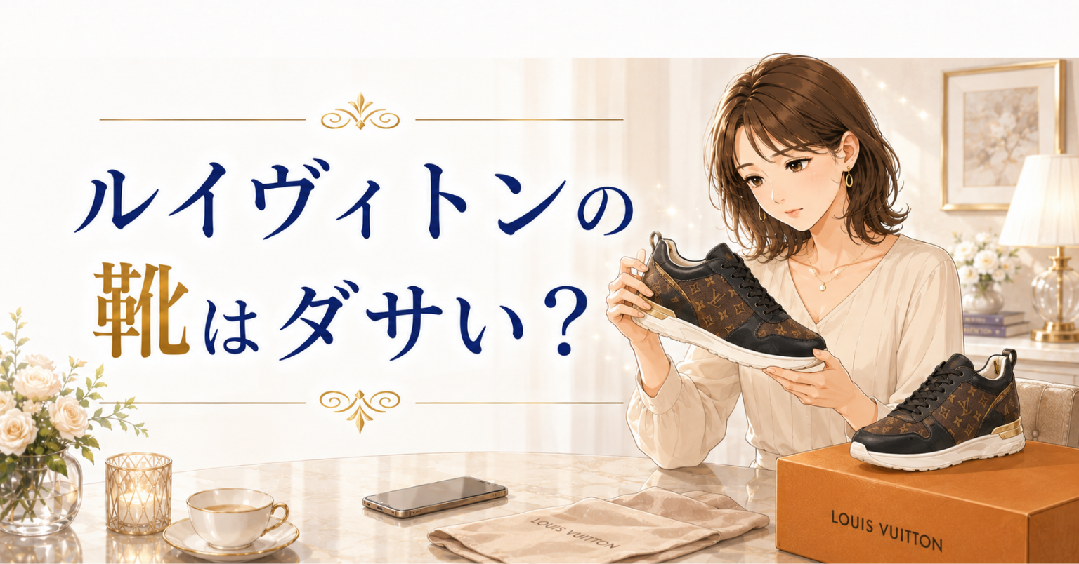 ルイヴィトンの靴はダサい？という文字と、モノグラム柄のスニーカーを見ながら悩む女性のアイキャッチ画像
