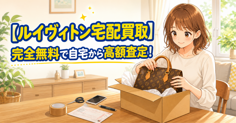 ルイヴィトンのバッグを宅配買取で箱に詰めて自宅から高額査定に出す女性のイラスト