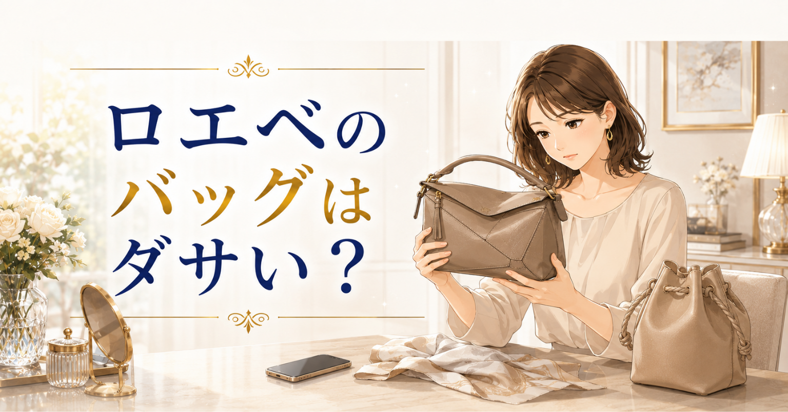 ロエベのバッグはダサい？という文字と、ベージュのバッグを見ながら悩む女性のアイキャッチ画像