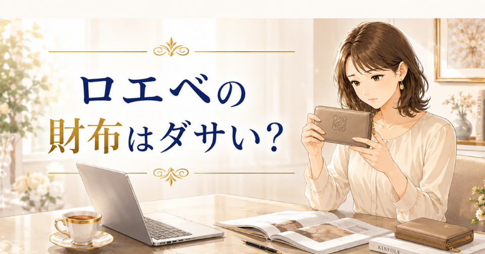 ロエベの財布はダサいのか、女性がロエベ風の財布を手に取って確認している画像