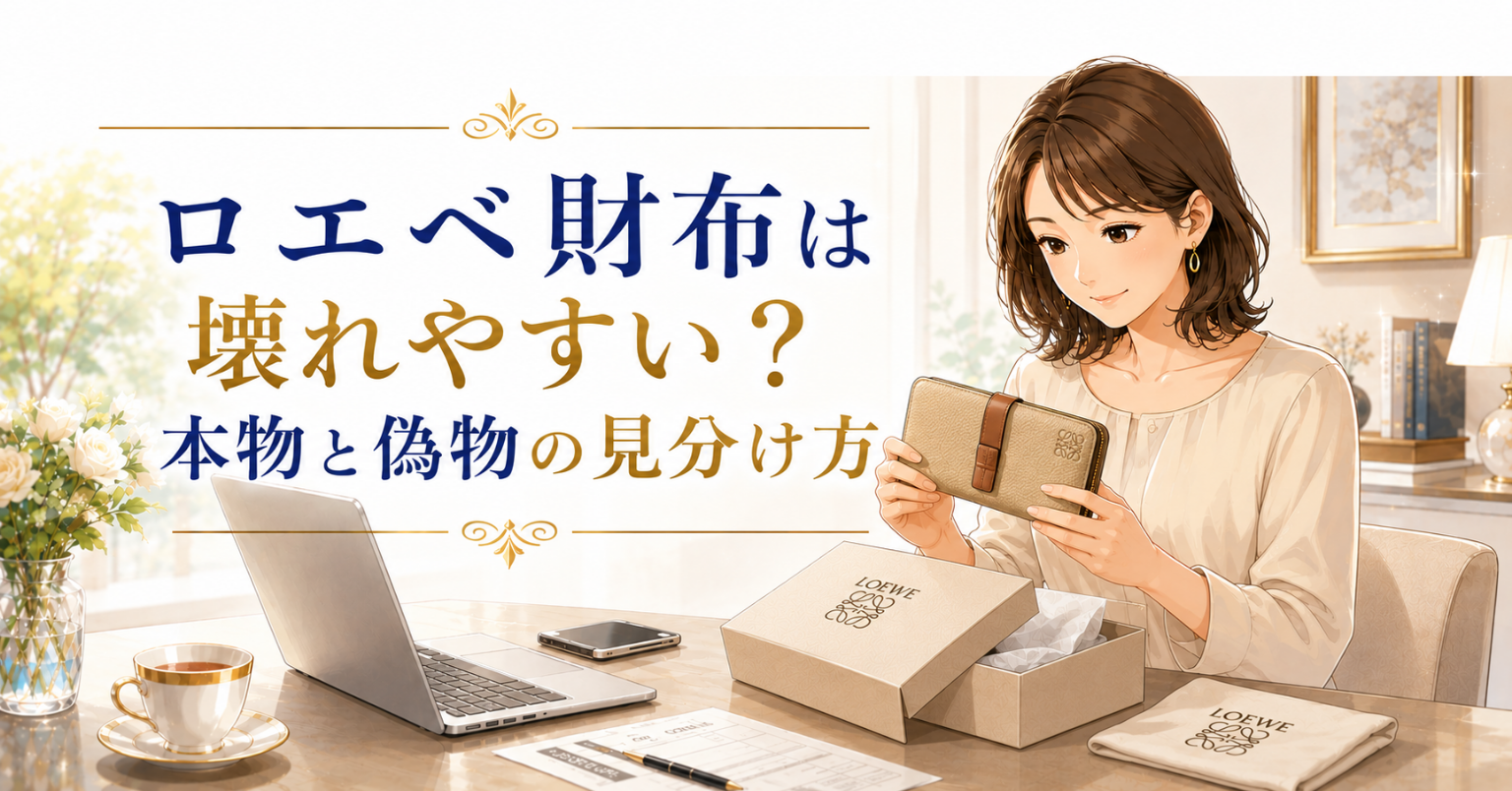ロエベの財布を手に取り、素材やロゴを確認する女性のアイキャッチ画像