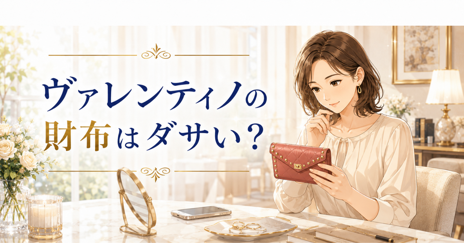 ヴァレンティノの財布はダサいのか悩みながら、スタッズ付きの財布を手に取る女性のイラスト