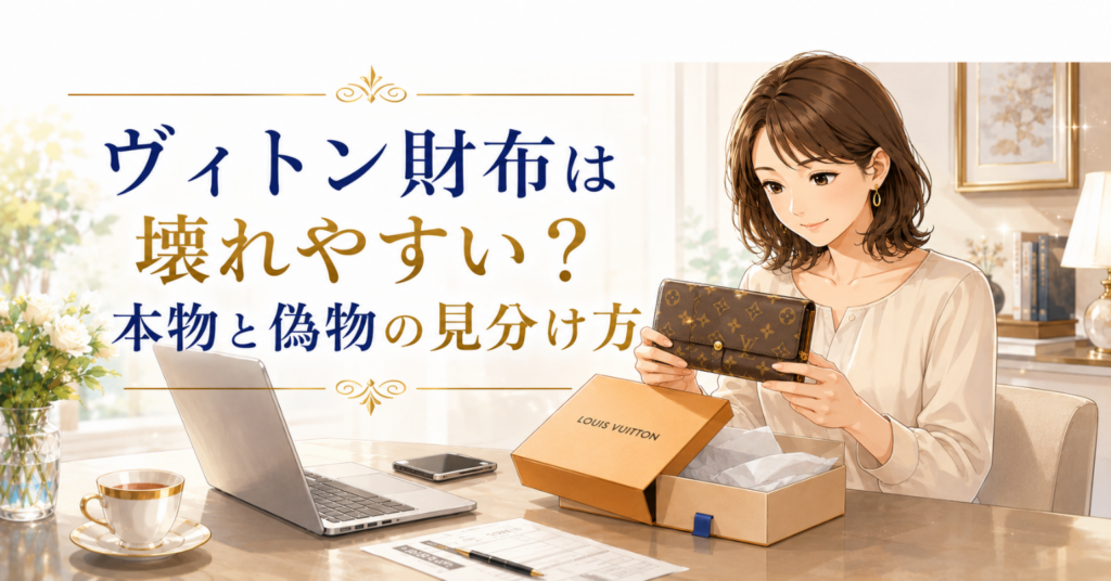 ルイヴィトンの財布を手に取り、本物と偽物の見分け方を確認する女性のアイキャッチ画像