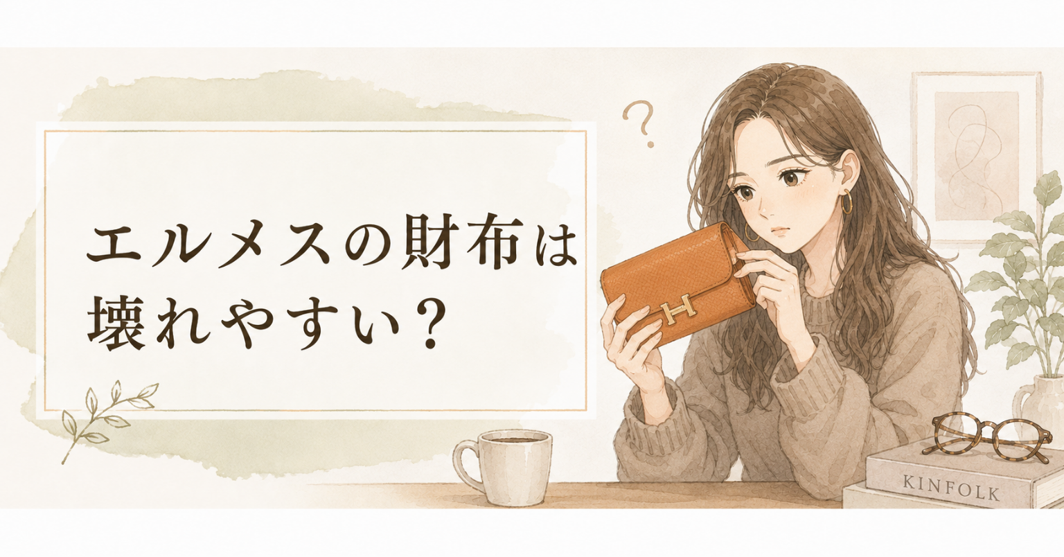 エルメスの財布を手に取り、レザーや金具の状態を確認している女性のアイキャッチ画像