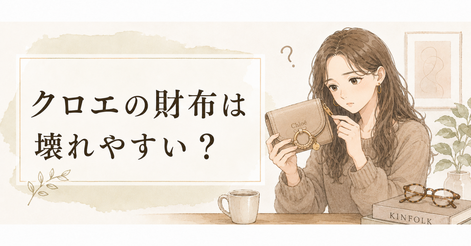 クロエのベージュの財布を手に取り、金具や縫い目の状態を確認している女性のアイキャッチ画像