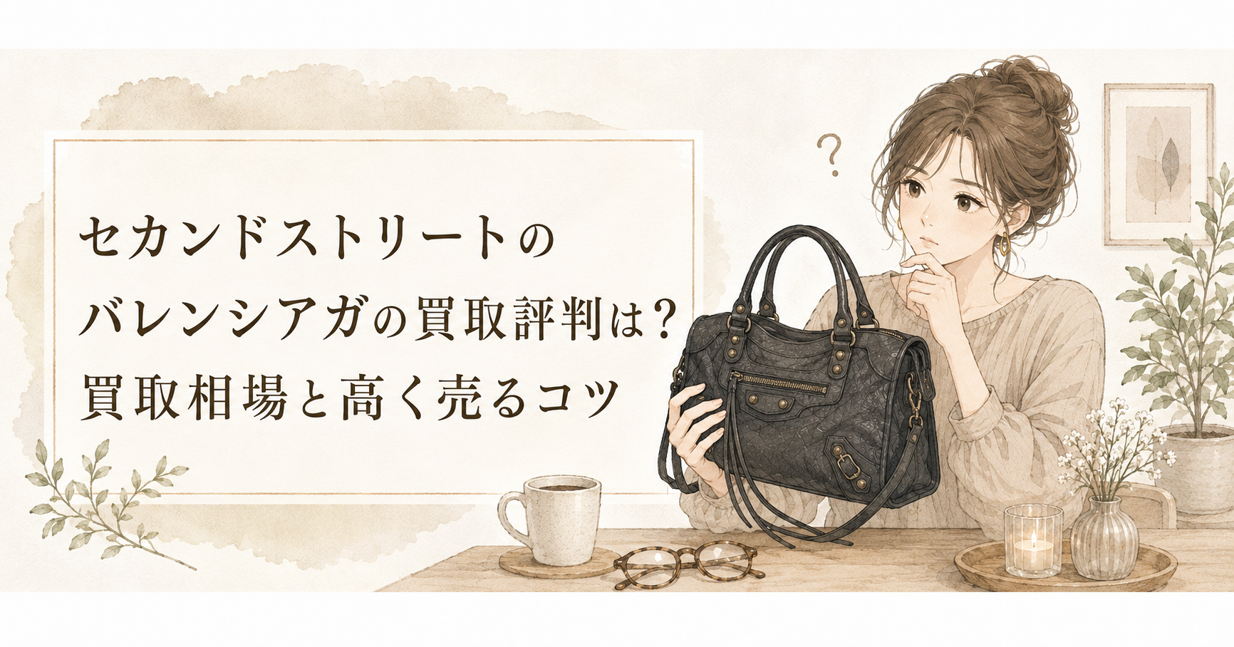 バレンシアガ風の黒いバッグを持つ女性と、セカンドストリートのバレンシアガ買取評判・買取相場・高く売るコツを紹介するアイキャッチ画像