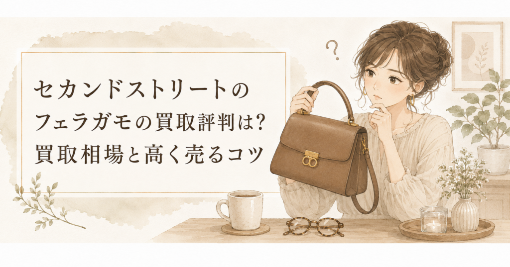 フェラガモのブラウンバッグを持つ女性と、セカンドストリートのフェラガモ買取評判・買取相場・高く売るコツを紹介するアイキャッチ画像