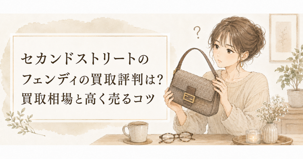 フェンディのバッグを持つ女性と、セカンドストリートのフェンディ買取評判・買取相場・高く売るコツを紹介するアイキャッチ画像