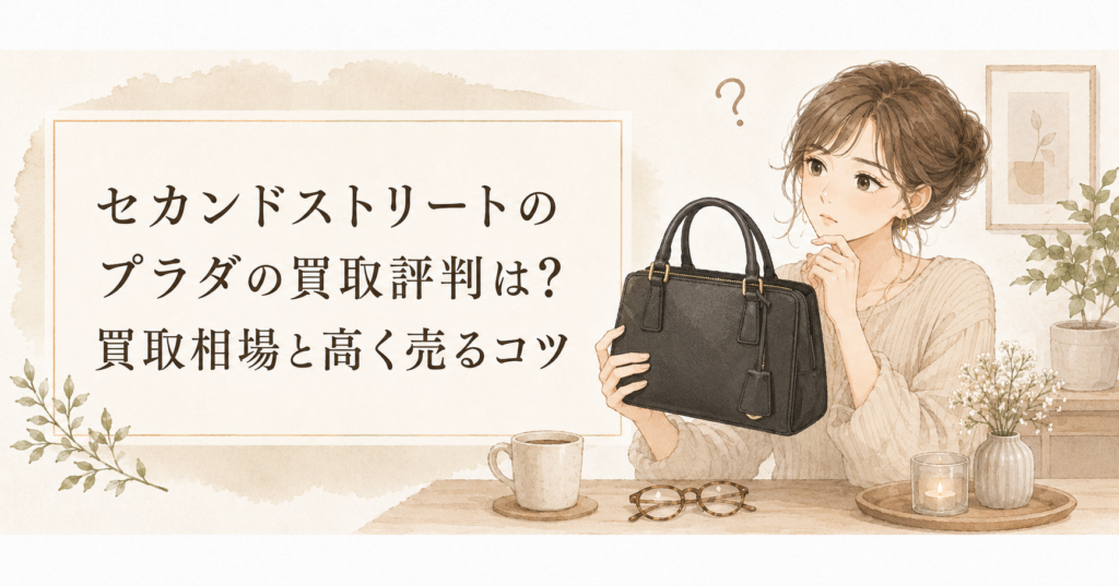プラダの黒いバッグを持つ女性と、セカンドストリートのプラダ買取評判・買取相場・高く売るコツを紹介するアイキャッチ画像