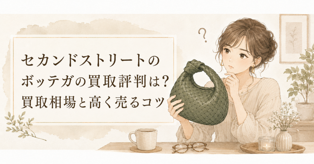 ボッテガの編み込みバッグを持つ女性と、セカンドストリートのボッテガ買取評判・買取相場・高く売るコツを紹介するアイキャッチ画像