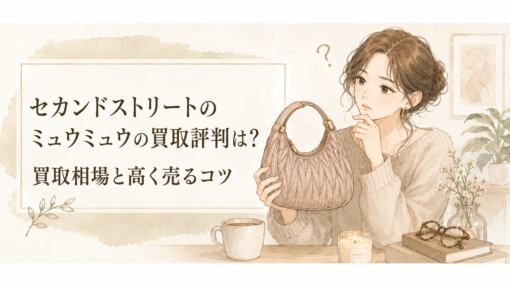 ミュウミュウのバッグを持つ女性と、セカンドストリートのミュウミュウ買取評判・買取相場・高く売るコツを紹介するアイキャッチ画像