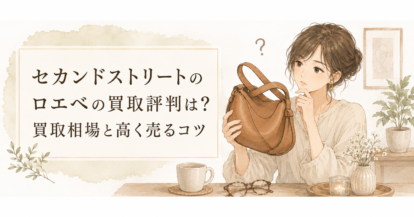 ロエベのブラウンバッグを持つ女性と、セカンドストリートのロエベ買取評判・買取相場・高く売るコツを紹介するアイキャッチ画像
