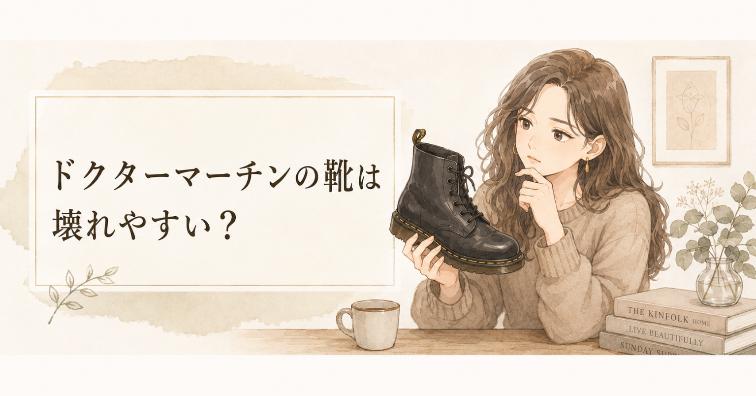 ドクターマーチンのブーツを手に取り、壊れやすさや状態を確認している女性のイラスト